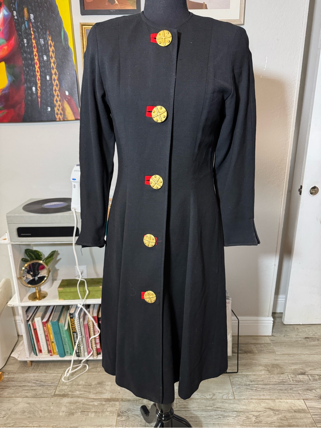 Vintage Howard Wolfe Black Long Coat / Dress With Decorative Gold Buttons